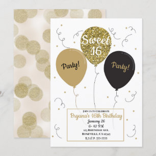 Goldene Glitterballons Süße 16 Geburtstagsfeier Einladung
