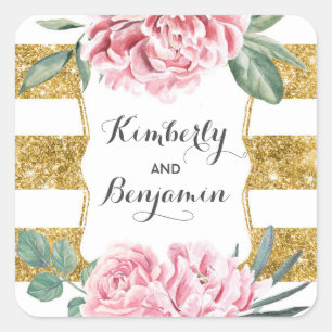 Goldene Glitterstreifen und rosa Blumen im vintage Quadratischer Aufkleber