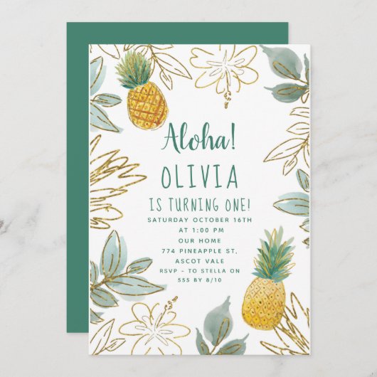 Goldene Glitzer Ananas Geburtstagsparty Einladung (Vorne/Hinten)