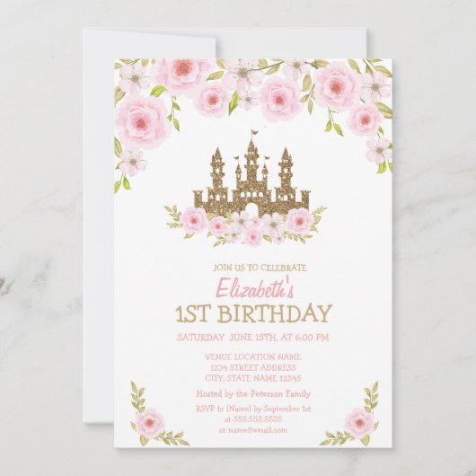 Goldene Glitzer Burg, Blumenburg Geburtstag Einladung (Vorderseite)