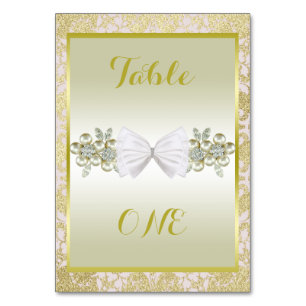 Goldene Glitzer, Diamantfloralbeizen und Bow-Hochz Tischnummer