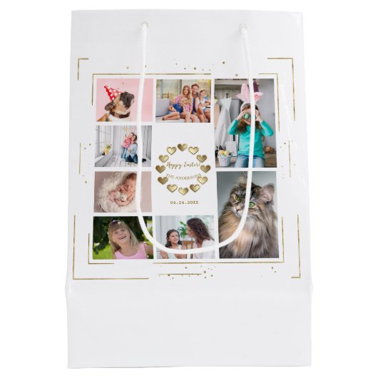 Goldene Glitzer Familienfoto Collage Happy Oaster Mittlere Geschenktüte (Rückseite)