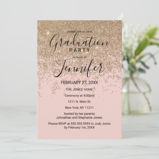Goldene Glitzer Glitzern Blush Pink Graduation Par Einladung (Stehend Vorderseite)