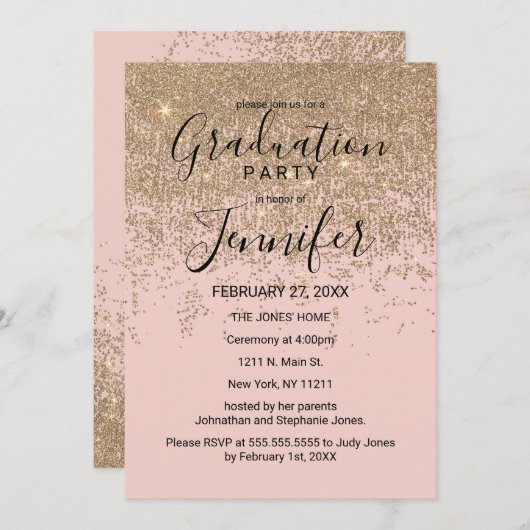 Goldene Glitzer Glitzern Blush Pink Graduation Par Einladung (Vorne/Hinten)