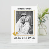 Goldene Glitzer-Herz Schreibmaschine Hochzeit-Foto Save The Date (Stehend Vorderseite)