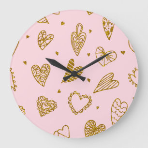 Goldene Glitzer-Herzen: rosa Hintergrundmuster Große Wanduhr