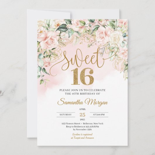 Goldene Glitzer Nummer Weichrosa Rosen 16 . Geburt Einladung (Vorderseite)