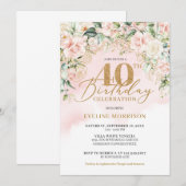 Goldene Glitzer Nummer Weichrosa Rosen 40. Geburts Einladung (Vorne/Hinten)