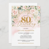 Goldene Glitzer Nummer Weichrosa Rosen 80. Geburts Einladung (Vorne/Hinten)