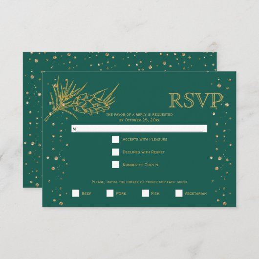 Goldene Glitzer Pine Evergreen Winterhochzeit RSVP Karte (Vorne/Hinten)