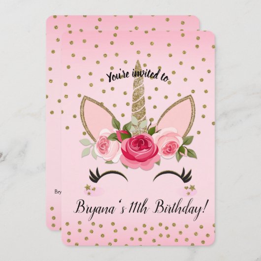 Goldene Glitzer & Rosa Blumenmusik Geburtstagspart Einladung (Vorne/Hinten)