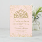 Goldene Glitzer Rose Kronen Tiara Quinceañera Einladung (Stehend Vorderseite)