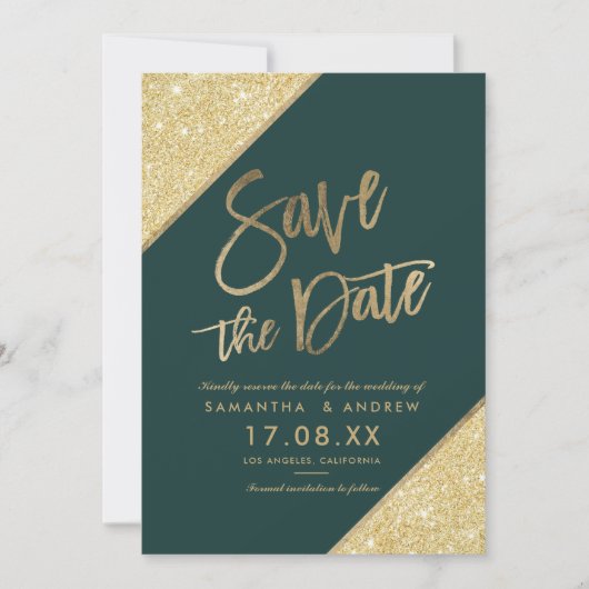 Goldene Glitzer-Schrift Save the Date grün (Vorderseite)