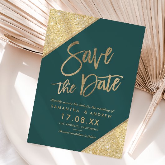Goldene Glitzer-Schrift Save the Date grün