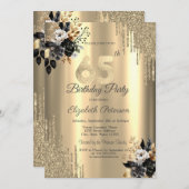 Goldene Glitzer Tropfen Schwarze Rose 65. Geburtst Einladung (Vorne/Hinten)