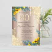 Goldene Glitzer Tropfen Sonnenblumen 80. Geburtsta Einladung (Stehend Vorderseite)