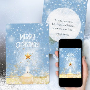 Goldene Glitzerkerze Snowy Blue Feiertagskarte