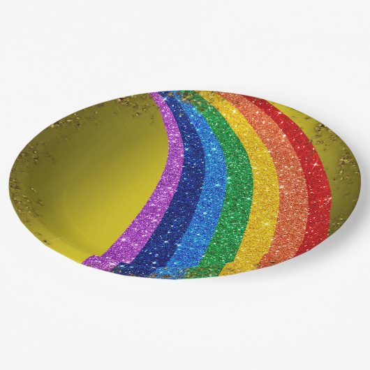Goldene Glitzern und Glitzer Rainbow Einhorn Party Pappteller (Schrägansicht)