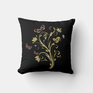 Goldene glitzernde Blumen und rosa Schmetterlinge Kissen