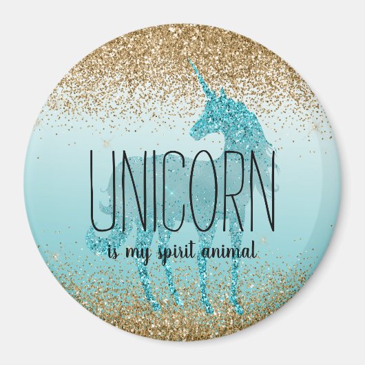 Goldene Glitzy Aqua Türkisfarbener Glitzer Einhorn Magnet (Vorne)