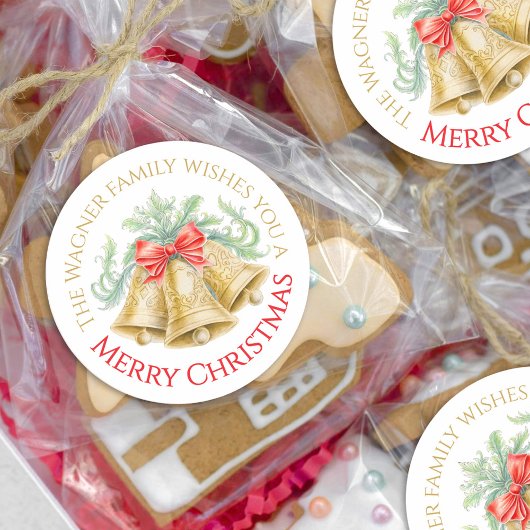 Goldene Glocken Aquarellenbogen Frohe Weihnachten Runder Aufkleber