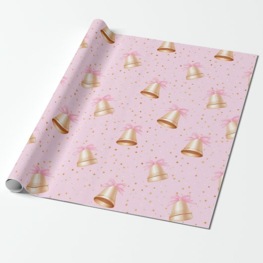 Goldene Glocken mit rosa Bogen Geschenkpapier (Ungerollt)