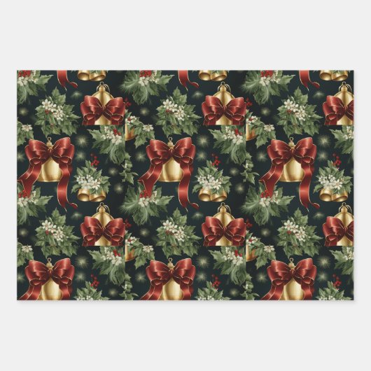 Goldene Glocken und Holly-Blätter Geschenkpapier Set (Vorderseite 2)