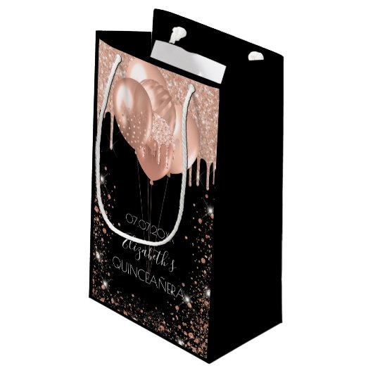Goldene Goldballons aus Quinceanera, schwarze Rose Kleine Geschenktüte (Rückseite Schrägansicht)