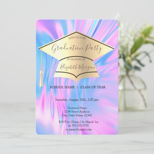 Goldene Graduationskappe, Holografischer Rainbow-A Einladung (Stehend Vorderseite)