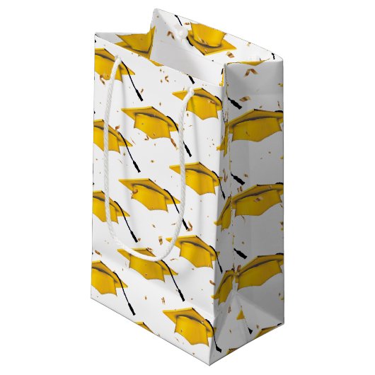 Goldene Graduierungsobergrenze mit Confetti Kleine Geschenktüte (Vorderseite Schrägansicht)
