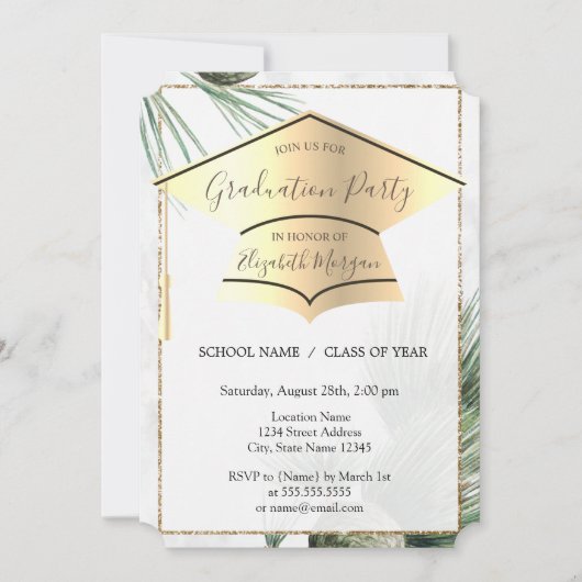 Goldene Graduierungsobergrenze, Palm-Blätter-Absch Einladung (Vorderseite)