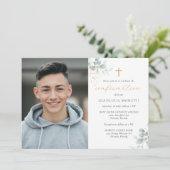 Goldene Grüne Bestätigung mit Foto Einladung (Stehend Vorderseite)