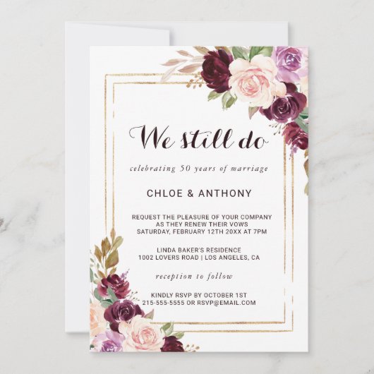 Goldene grüne Burgundy-Blumen-Vow-Erneuerung Einladung (Vorderseite)