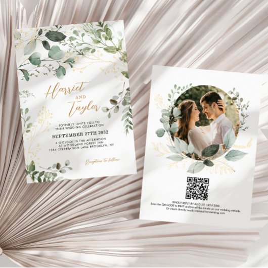 Goldene Grüne Eukalyptus-Foto-QR-Code-Hochzeit Einladung