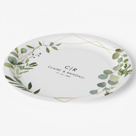Goldene grüne Eukalyptus-Hochzeit Pappteller (Schrägansicht)