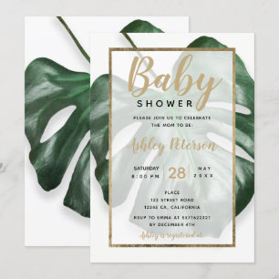 Goldene, grüne Monstera-Blatt-Babydusche Einladung