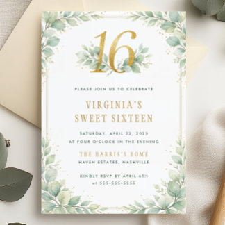 Goldene Grünpflanzenblätter Sweet Sixteen 16 Gebur Einladung