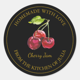 Goldene hausgemachte Cherry-Jam-Marke | Schwarz Runder Aufkleber