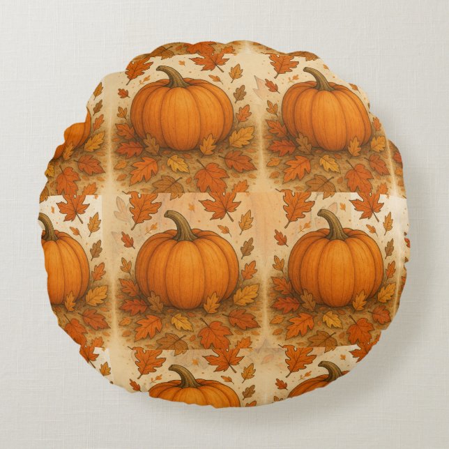 Goldene Herbstpumpen und fallende Blätter Rundes Kissen (Vorderseite)