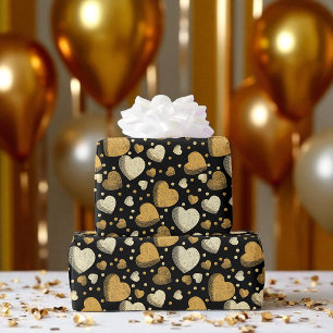 Goldene Herzen, elegantes Schwarz, Luxe Feier Geschenkpapier
