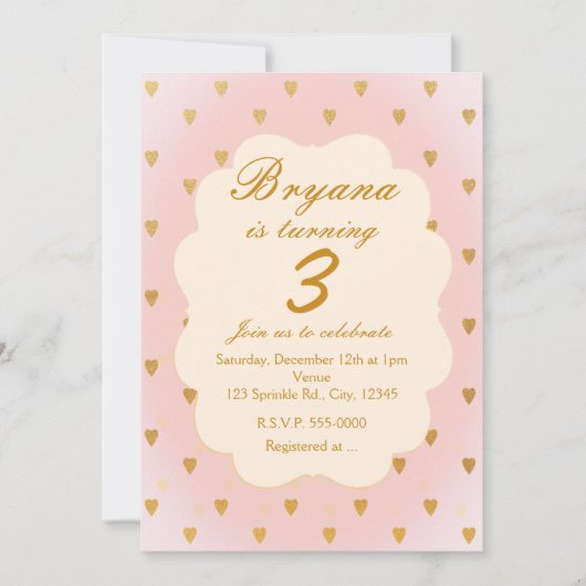 Goldene Herzen & Rosa Girls Einladung zur Geburtst (Vorderseite)