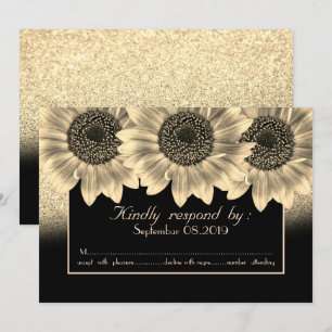 Goldene Herzen, Sonnenblumen, Glitter   Antwortkar Einladung
