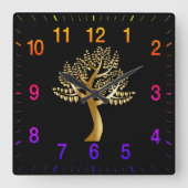 Goldene Herzen Tree mit Regenbogenzahlen Quadratische Wanduhr (Vorderseite)