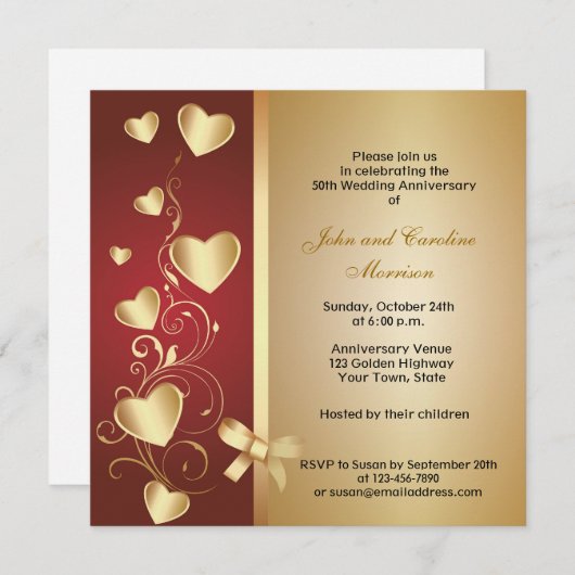 Goldene Herzen zum 50. Jubiläum Einladung (Vorne/Hinten)