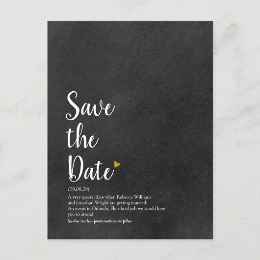 Goldene Herzschrift Save the Date Definition Ankündigungspostkarte (Vorderseite)