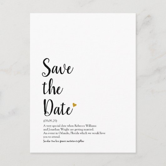 Goldene Herzschrift Save the Date Definition Postkarte (Vorderseite)