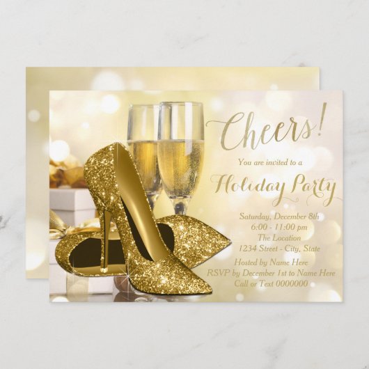 Goldene High Heel Champagner Feierlichkeiten Einladung (Vorne/Hinten)