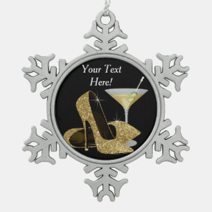 Goldene High Heel Schuhe und Martini Schneeflocken Zinn-Ornament
