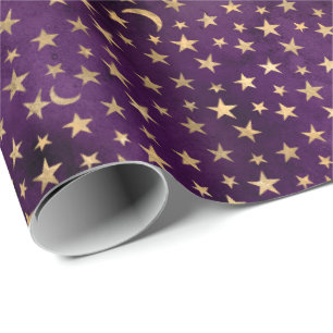 Goldene himmlische Mond und Sterne Dunkelviolett Geschenkpapier