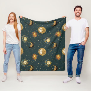 Goldene himmlische Sonne Mond Sterne Mitternachtsb Fleecedecke